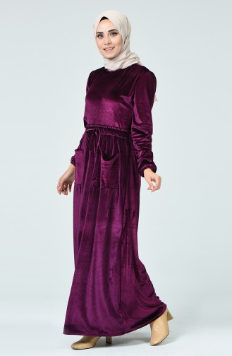 Sleeve Elastic Velvet Dress Purple 1250-02
