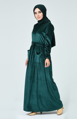 فستان مخمل بأكمام مطاطية أخضر زمردي 1250-03
