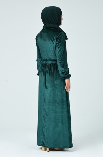 Kolu Lastikli Kadife Elbise 1250-03 Zümrüt Yeşili