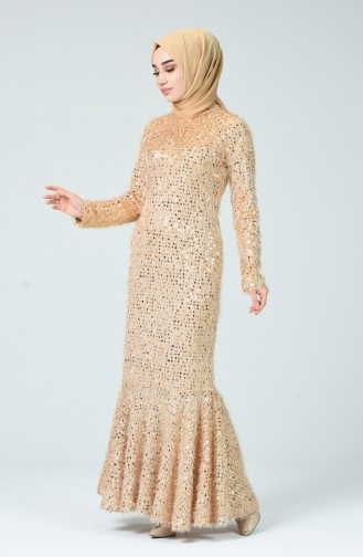 Pullu Abiye Elbise 81754-01 Bej