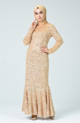 Pullu Abiye Elbise 81754-01 Bej