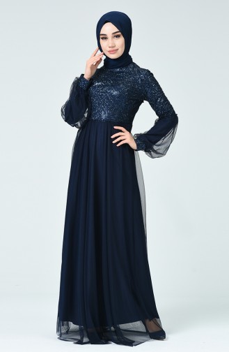 Navy Blue Hijab Evening Dress 5239-03