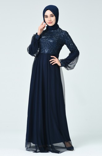 Robe de Soirée à Manche Ballon et Paillettes  5239-03 Bleu Marine 5239-03