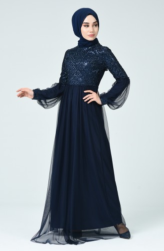 Robe de Soirée à Manche Ballon et Paillettes  5239-03 Bleu Marine 5239-03