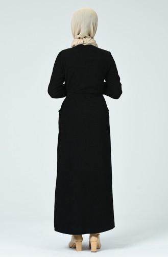 Boydan Düğmeli Kuşaklı Elbise 9055-01 Siyah