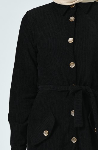 Boydan Düğmeli Kuşaklı Elbise 9055-01 Siyah
