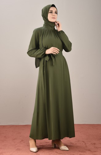 Kolu Lastikli Kuşaklı Elbise 10143-01 Haki Yeşil