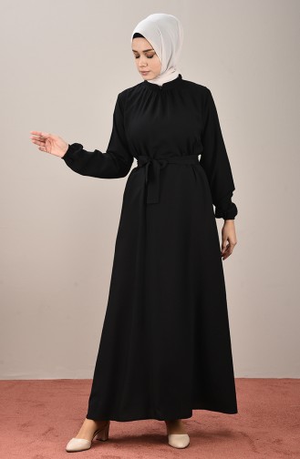 Robe à Manches Élastiques Avec Ceinture 10143-09 Noir 10143-0