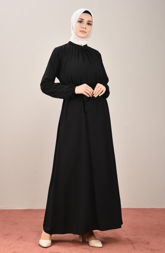 Kolu Lastikli Kuşaklı Elbise 10143-09 Siyah