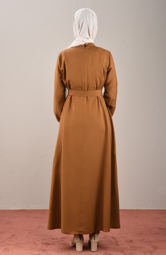 Kolu Lastikli Kuşaklı Elbise 10143-02 Taba