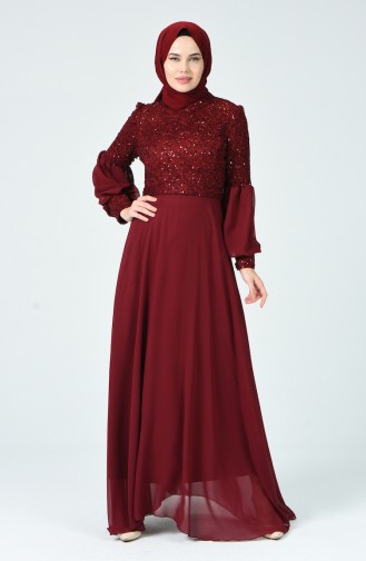 فستان سهرة مزين بالترتر أحمر كلاريت 5238-03
