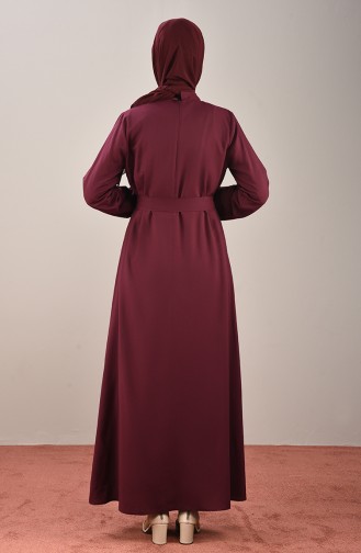 Kolu Lastikli Kuşaklı Elbise 10143-04 Vişne