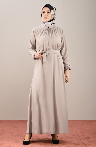 Kolu Lastikli Kuşaklı Elbise 10143-08 Vizon