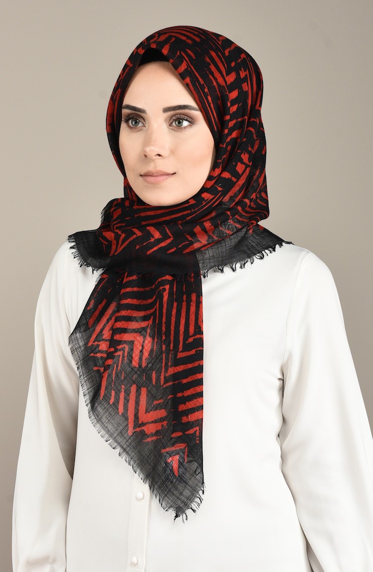Sefamerve, Desenli Flamlı Eşarp 901569-06 Siyah Kırmızı