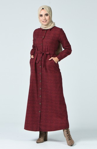 Boydan Düğmeli Kuşaklı Elbise 9002-01 Bordo