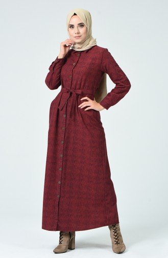 Boydan Düğmeli Kuşaklı Elbise 9002-01 Bordo