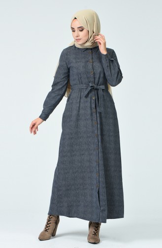 Boydan Düğmeli Kuşaklı Elbise 9002-02 Gri