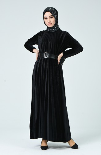 Boydan Pileli Kadife Elbise 1978-02 Siyah
