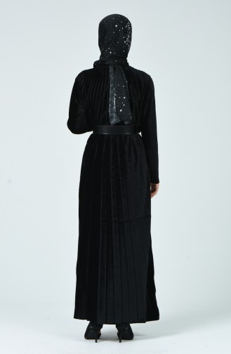 Boydan Pileli Kadife Elbise 1978-02 Siyah