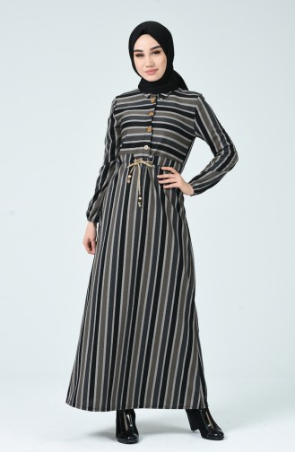 Waist Pleated Striped Dress Gray 1255A-01