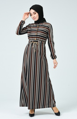 Waist Pleated Striped Dress Brick 1255A-02