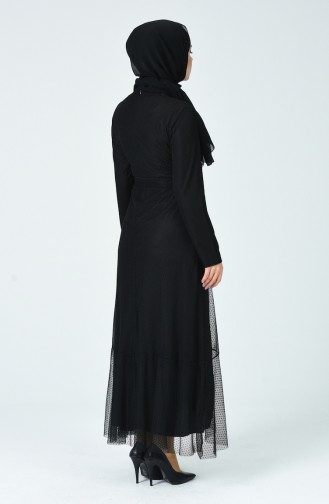Volanlı Kuşaklı Tül Elbise 5014-07 Siyah