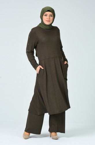 Ensemble Deux Pieces Tunique Pantalon avec Poches Grande Taille 0152-03 Khaki 0152-03