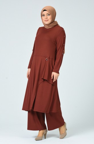 Big Size Pocket Tunic Trousers Double Set Brick Color 0152-01