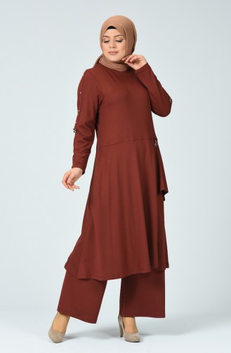 Big Size Pocket Tunic Trousers Double Set Brick Color 0152-01