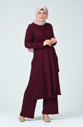 Big Size Pocket Tunic Trousers Double Set Dark Burgundy Color 0152-02