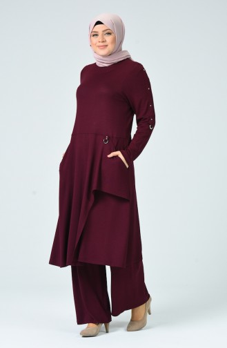 Big Size Pocket Tunic Trousers Double Set Dark Burgundy Color 0152-02