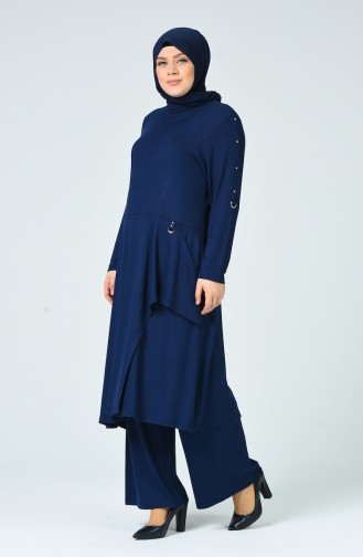 Big Size Pocket Tunic Trousers Double Set Navy Blue 0152-04