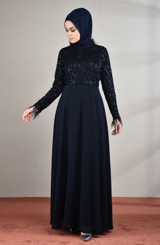 Robe de Soirée Avec Plume 5237-03 Bleu Marine 5237-03