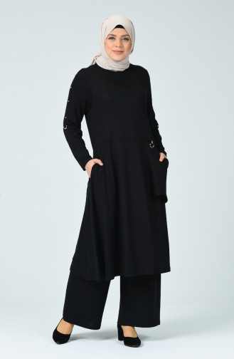 Ensemble Deux Pieces Tunique Pantalon avec Poches Grande Taille 0152-05 Noir 0152-05