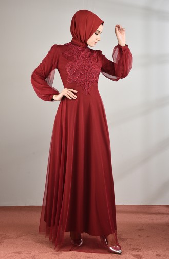 Robe de Soirée à Tulle Guipure 5217-01 Bordeaux 5217-01