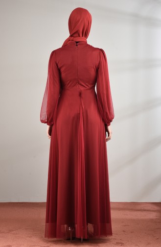 فستان سهرة مزين بالدانتيل والتول أحمر كلاريت 5217-01