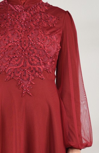 فستان سهرة مزين بالدانتيل والتول أحمر كلاريت 5217-01