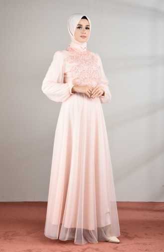 Guipure Tulle Evening Dress Salmon Color 5217-04