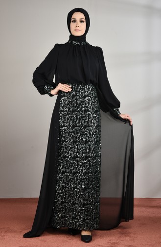 فستان سهرة مزين بالترتر أسود وأخضر 5230-01