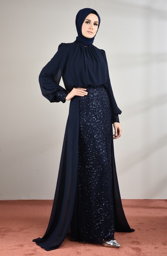 Navy Blue Hijab Evening Dress 5230-03