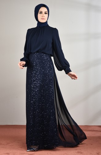Navy Blue Hijab Evening Dress 5230-03