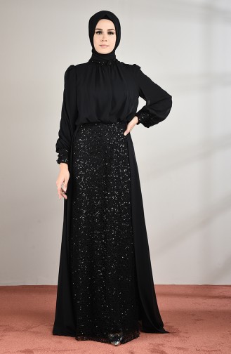 فستان سهرة مزين بالترتر أسود 5230-04