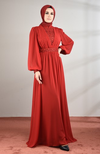فستان سهرة شيفون مزين بالدانتيل أحمر كلاريت 5233-01