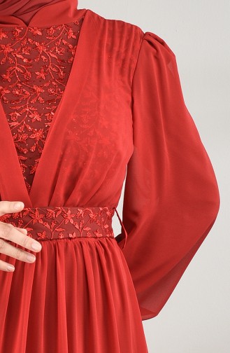 فستان سهرة شيفون مزين بالدانتيل أحمر كلاريت 5233-01