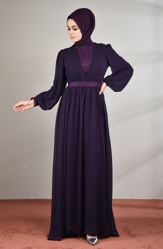 Lace Detailed Chiffon Evening Dress Purple 5233-02