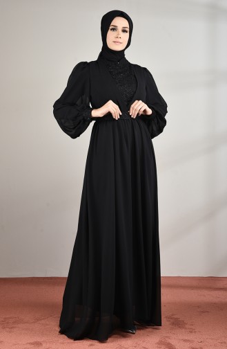 فستان سهرة شيفون مزين بالدانتيل أسود 5233-03