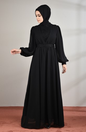 فستان سهرة شيفون مزين بالدانتيل أسود 5233-03