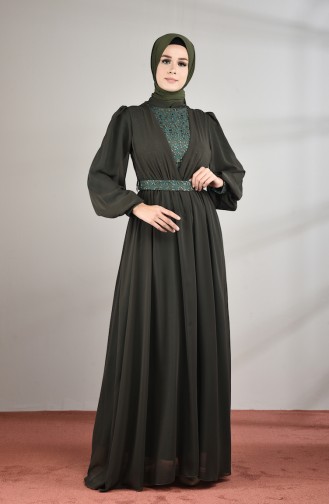 Lace Detailed Chiffon Evening Dress Khaki 5233-04