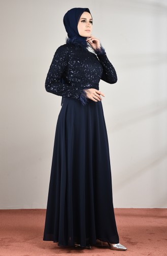 Robe de Soirée Avec Plume 5237-03 Bleu Marine 5237-03