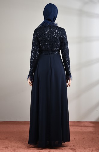 Robe de Soirée Avec Plume 5237-03 Bleu Marine 5237-03